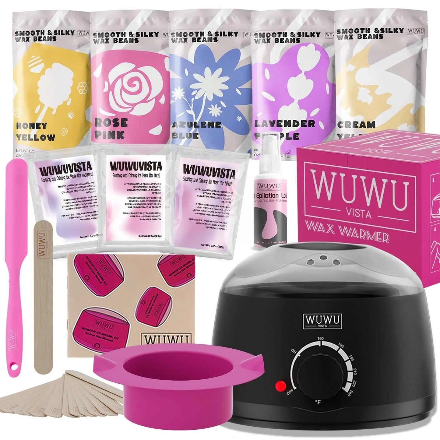 WUWUVISTA Wax Beads Kit with wax warmer, silicone tools, and soothing post-wax treatments for salon-quality hair removal at home