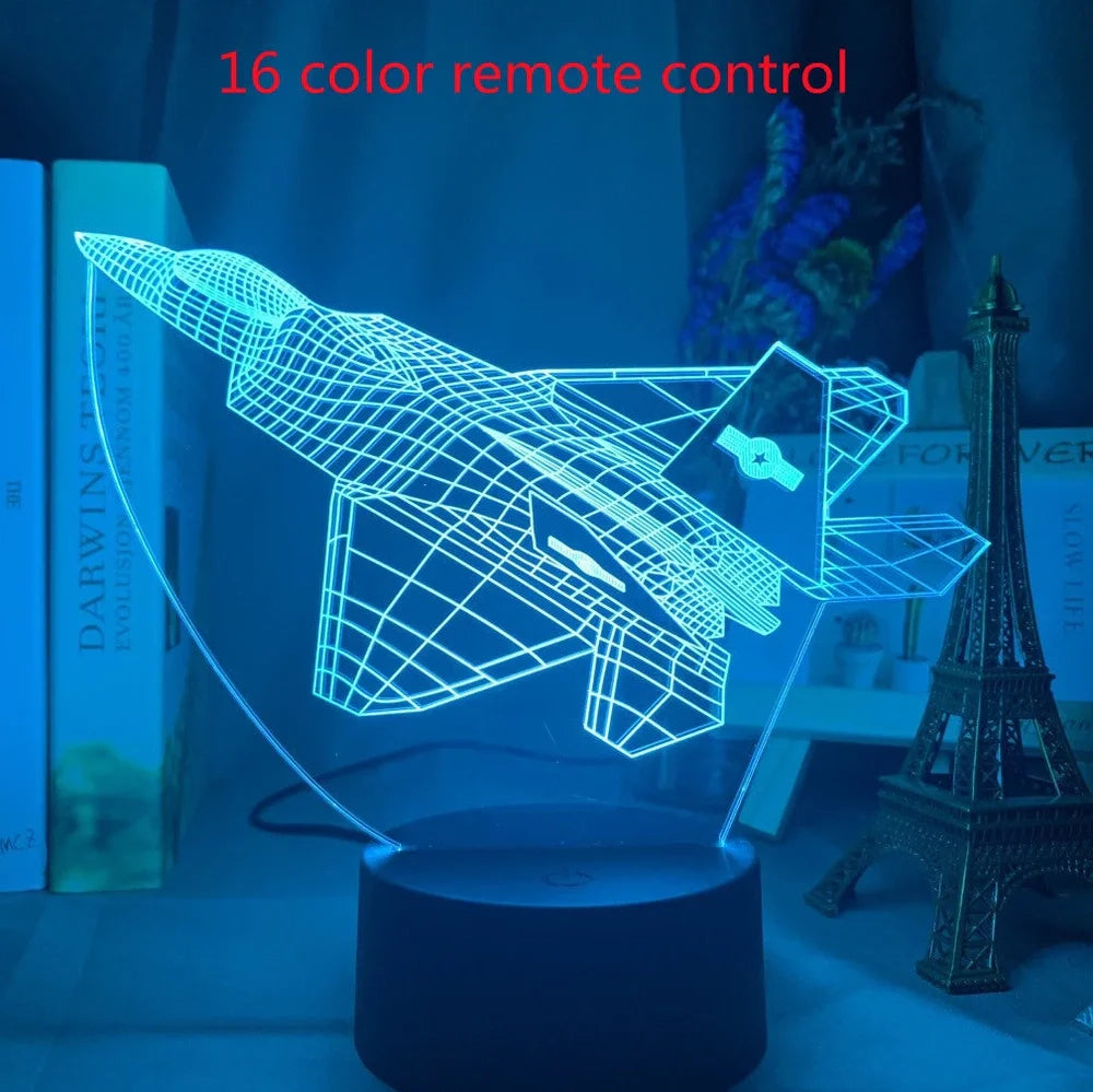 Custom 3D airplane hologram night light with optical acrylic panel and ABS base showing colour-changing illumination