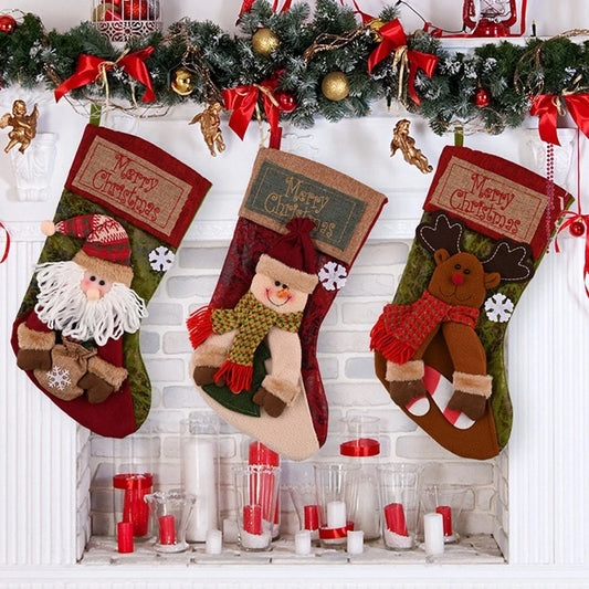 Festive Burlap Christmas Stockings with 3D Appliqué Designs of Santa, Snowmen, and Elk