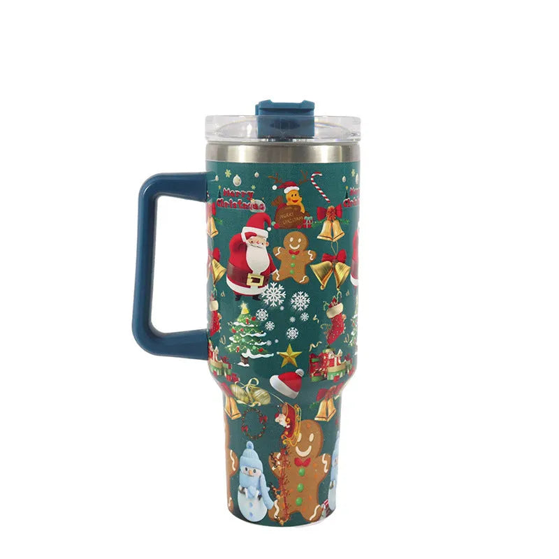 Stainless steel travel tumbler with handle, 1200ml capacity, Christmas pattern design, car cup holder compatible
