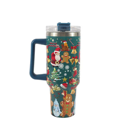 Stainless steel travel tumbler with handle, 1200ml capacity, Christmas pattern design, car cup holder compatible