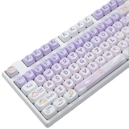 Purple gradient keycap set with rabbit artwork for mechanical keyboards, shown on a black keyboard.