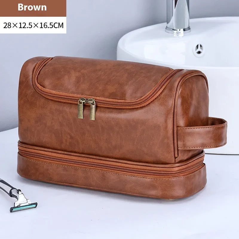 PU leather cosmetics storage bag with hook in black, brown or dark brown, simple modern travel wash bag