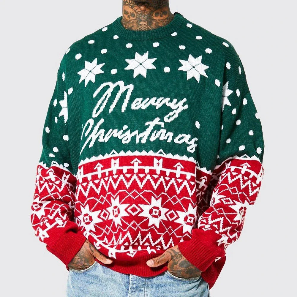 Men's knitted pullover sweater with jacquard pattern in green and white colors