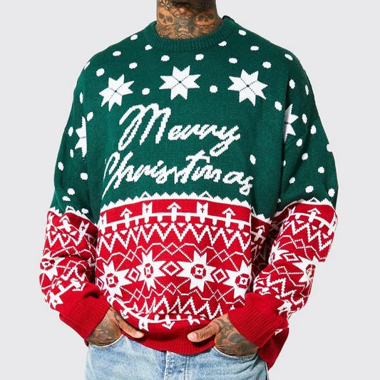 Men's knitted pullover sweater with jacquard pattern in green and white colors