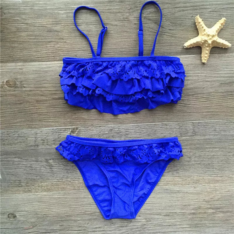 Girls' multilayer ruffle bikini swimsuit in vibrant colors for summer water activities