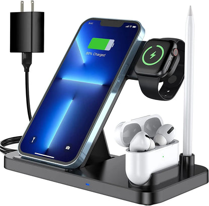 Black four-in-one wireless mobile phone charger with QC3.0 charging head