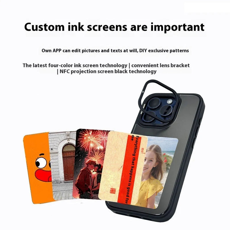 NFC Projection Screen Four-Colour E-Ink Screen Bracket Phone Case for iPhone 13-16 Pro and Max Models in Graphite Black, Cangling Green, or Girl Pink with Anti-Wear and Anti-Fall TPU Construction