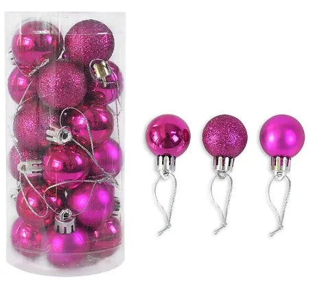 Assortment of 3cm diameter gold, red, silver, and blue barrel-shaped Christmas baubles with an electroplated finish.