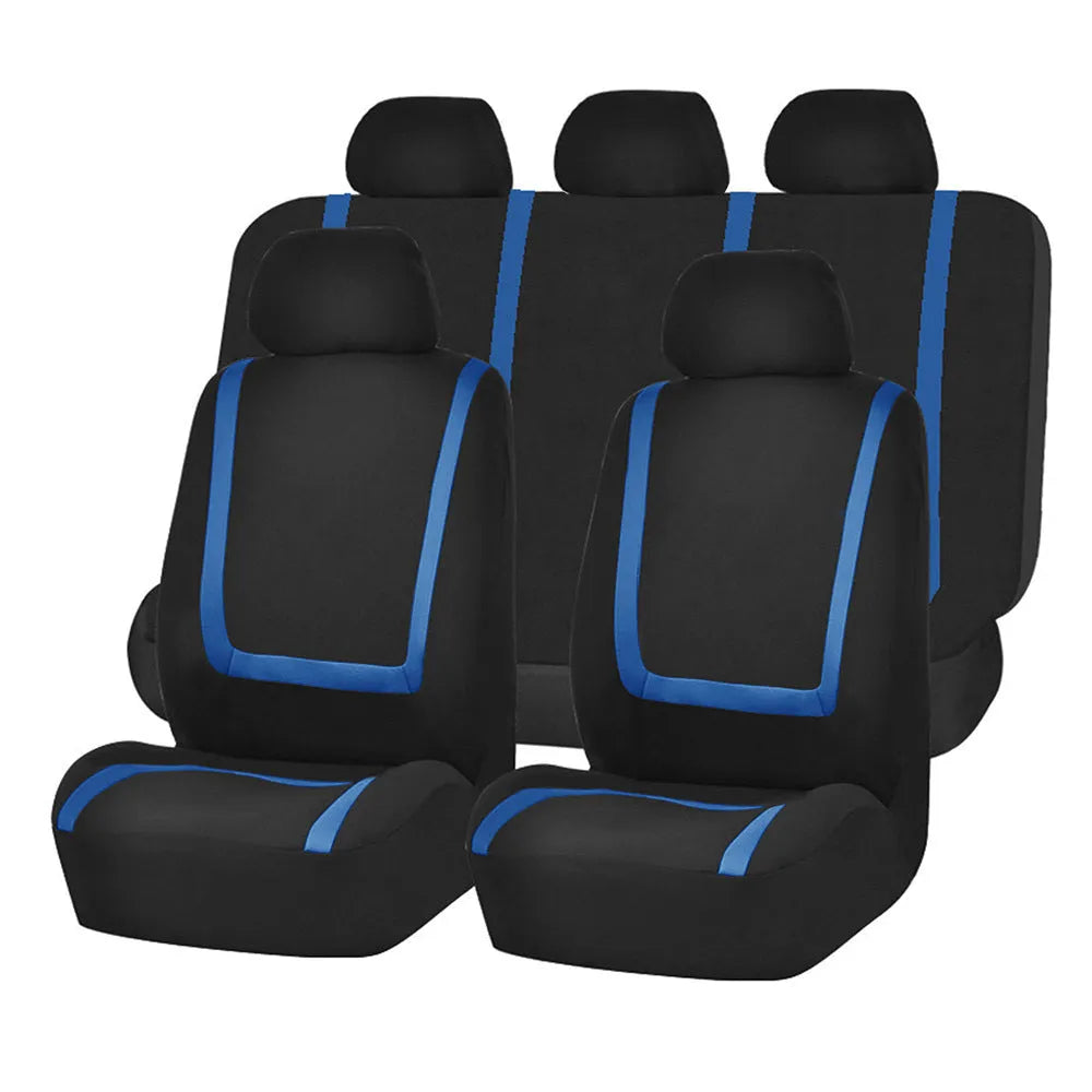 Fully enclosed fabric car seat cover set showing front and rear seat protection in a beige and black colour combination.