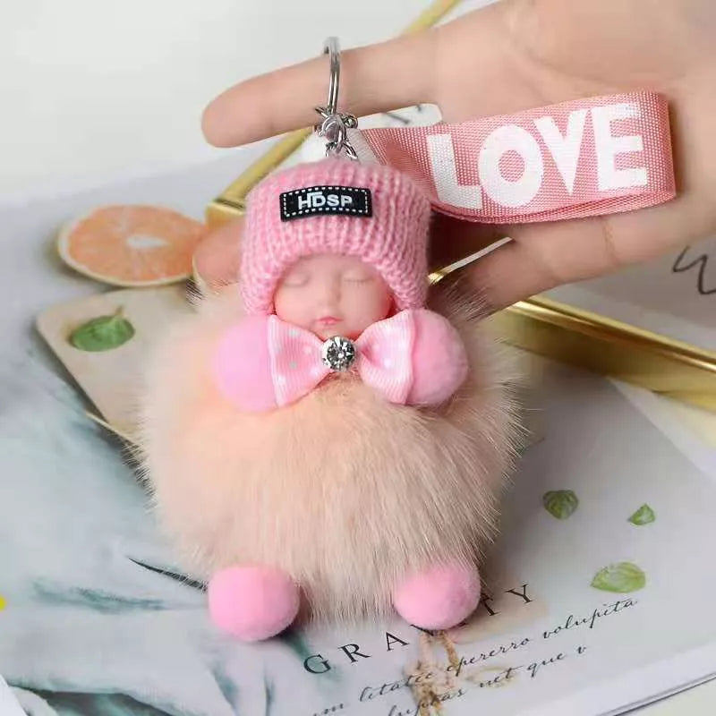 Hand-woven fox fur sleeping doll keychain pendant with optional bow