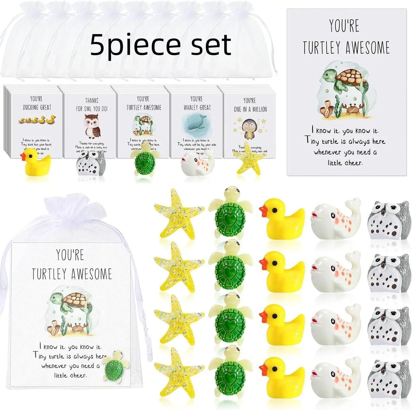 Set of resin pun inspirational memo cards laid out, showing different quantities available.