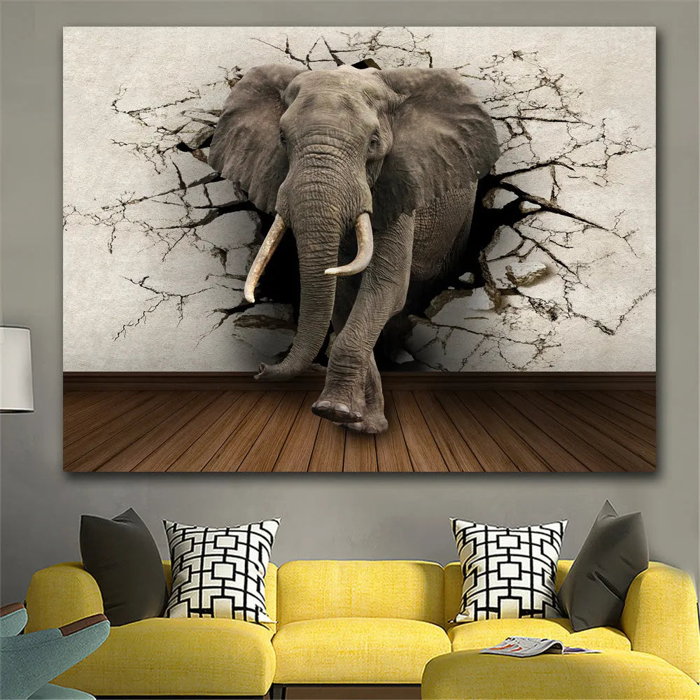Grey elephant canvas painting, oil on canvas, frameless rectangular wall art in 30x40cm or 60x80cm