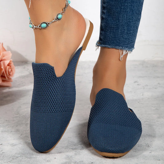 Mesh sandals in apricot with cloth upper and rubber sole, slip-on flat design for casual wear