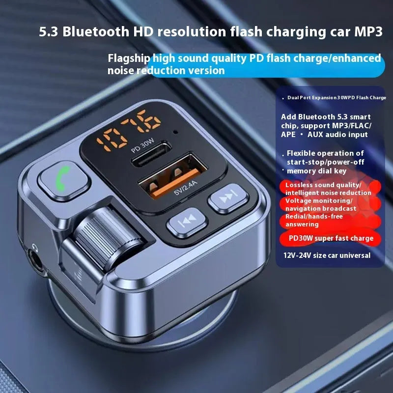 Car Bluetooth receiver with dual USB charging ports and FM transmitter for wireless audio streaming