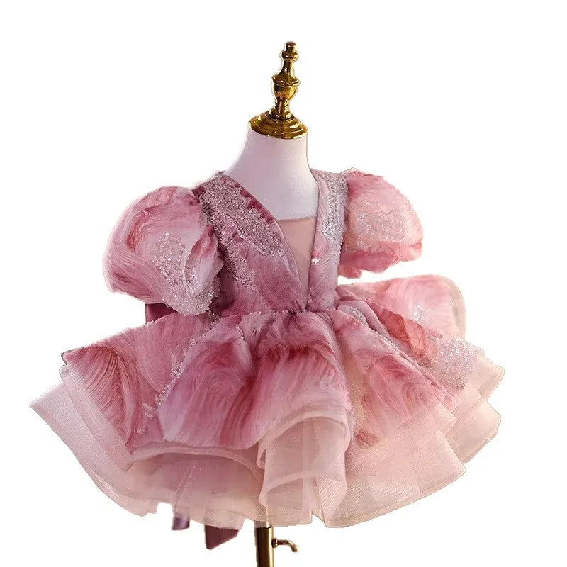 Girls pink polyester princess dress for weddings and performances, sizes 80cm to 150cm.