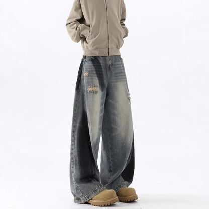 Men's blue American-style ripped jeans with splash-ink pattern and micro elastic cotton fabric