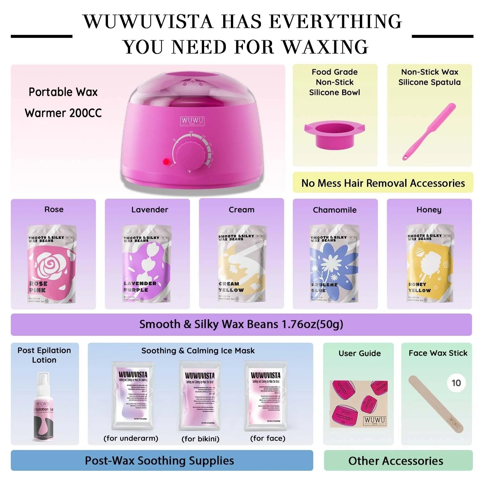 WUWUVISTA Wax Beads Kit with wax warmer, silicone tools, and soothing post-wax treatments for salon-quality hair removal at home