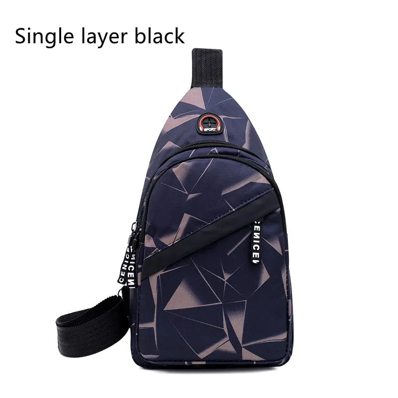 Men's sling chest bag in blue with earphone hole, crossbody strap, and zipper pockets, measuring 17cm wide.