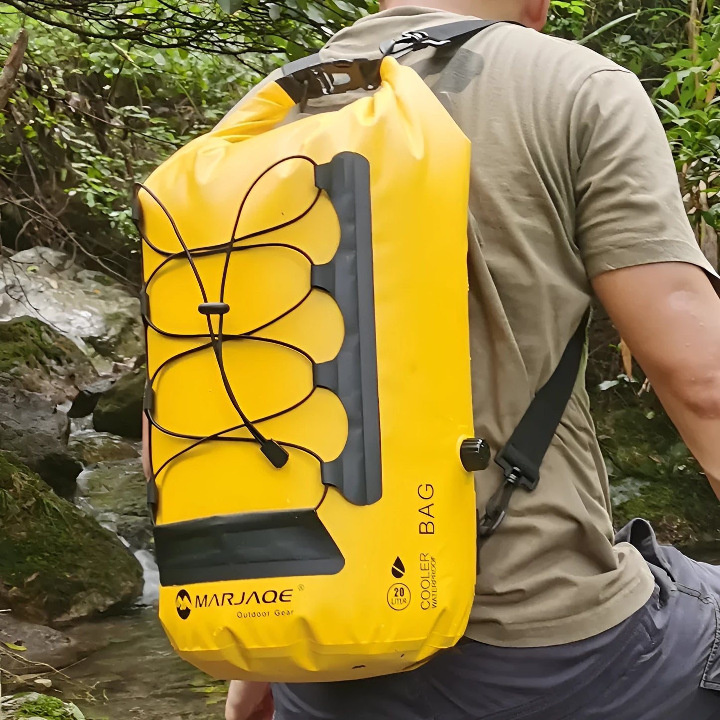 Yellow and black waterproof backpack with 20L capacity and dry-wet separation compartments