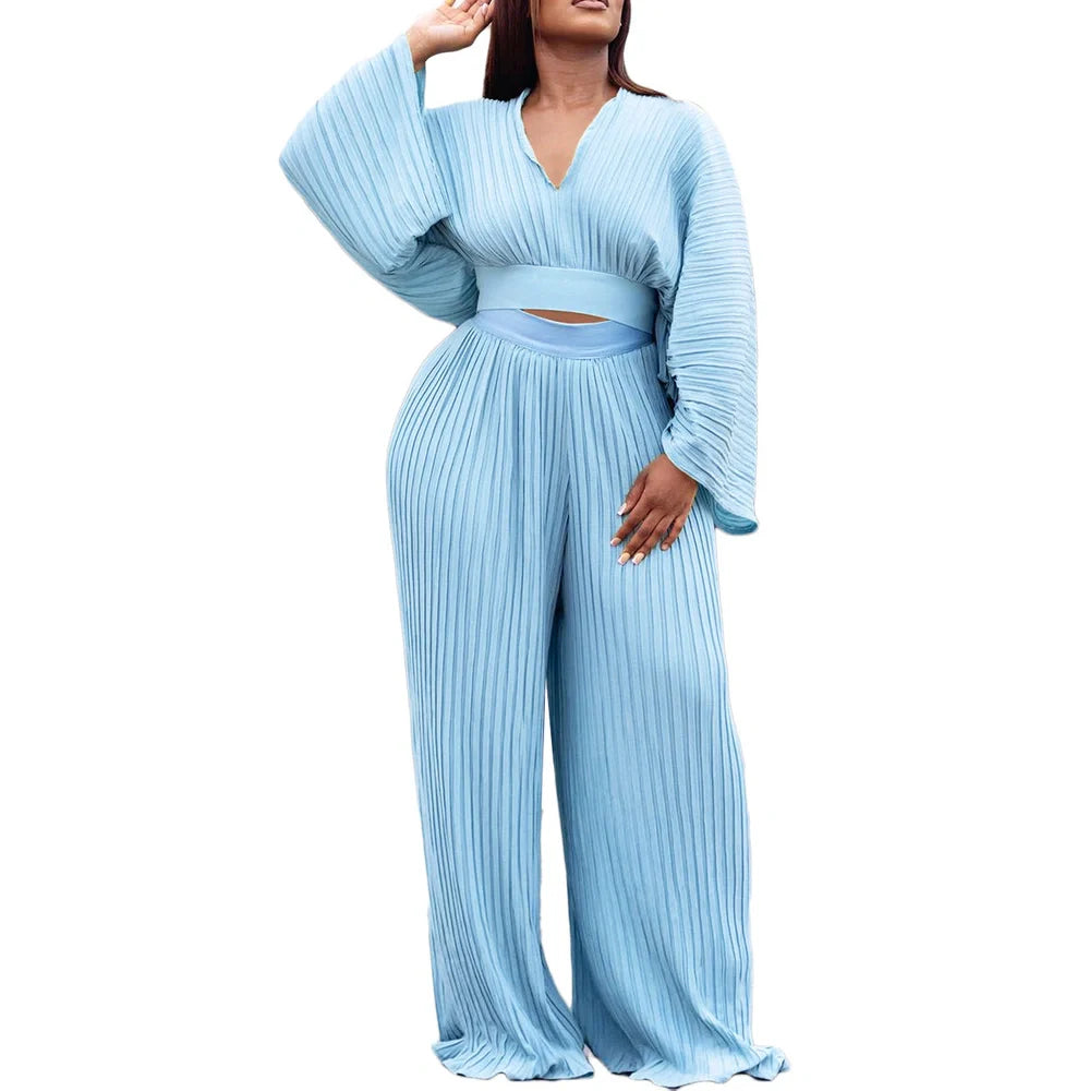 Wide leg trousers two-piece set with batwing sleeves in sapphire blue colour