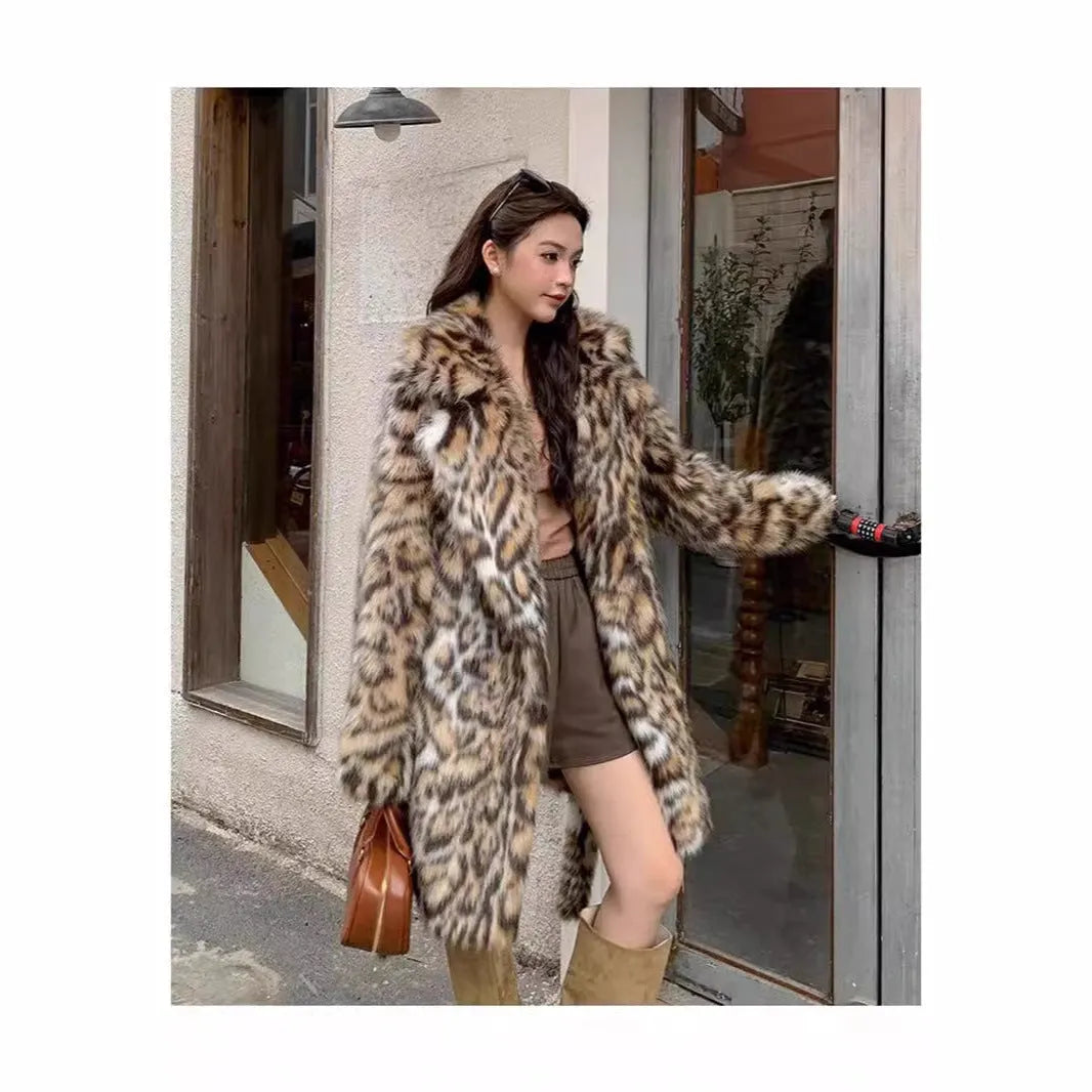 Faux fur coat with 80cm length, fur collar, and street fashion pockets in artificial fur fabric