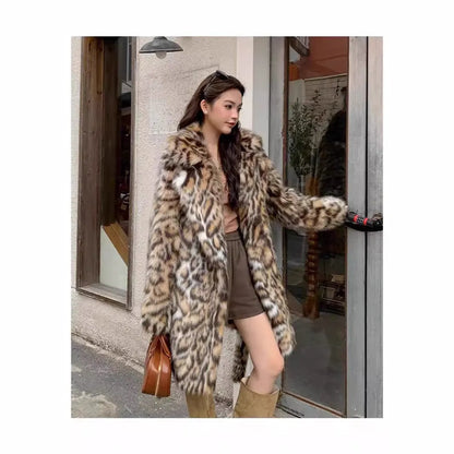 Faux fur coat with 80cm length, fur collar, and street fashion pockets in artificial fur fabric