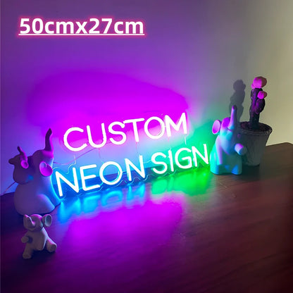 Custom neon letter sign with Alec shell material in 50cm to 90cm sizes showing 12V power system