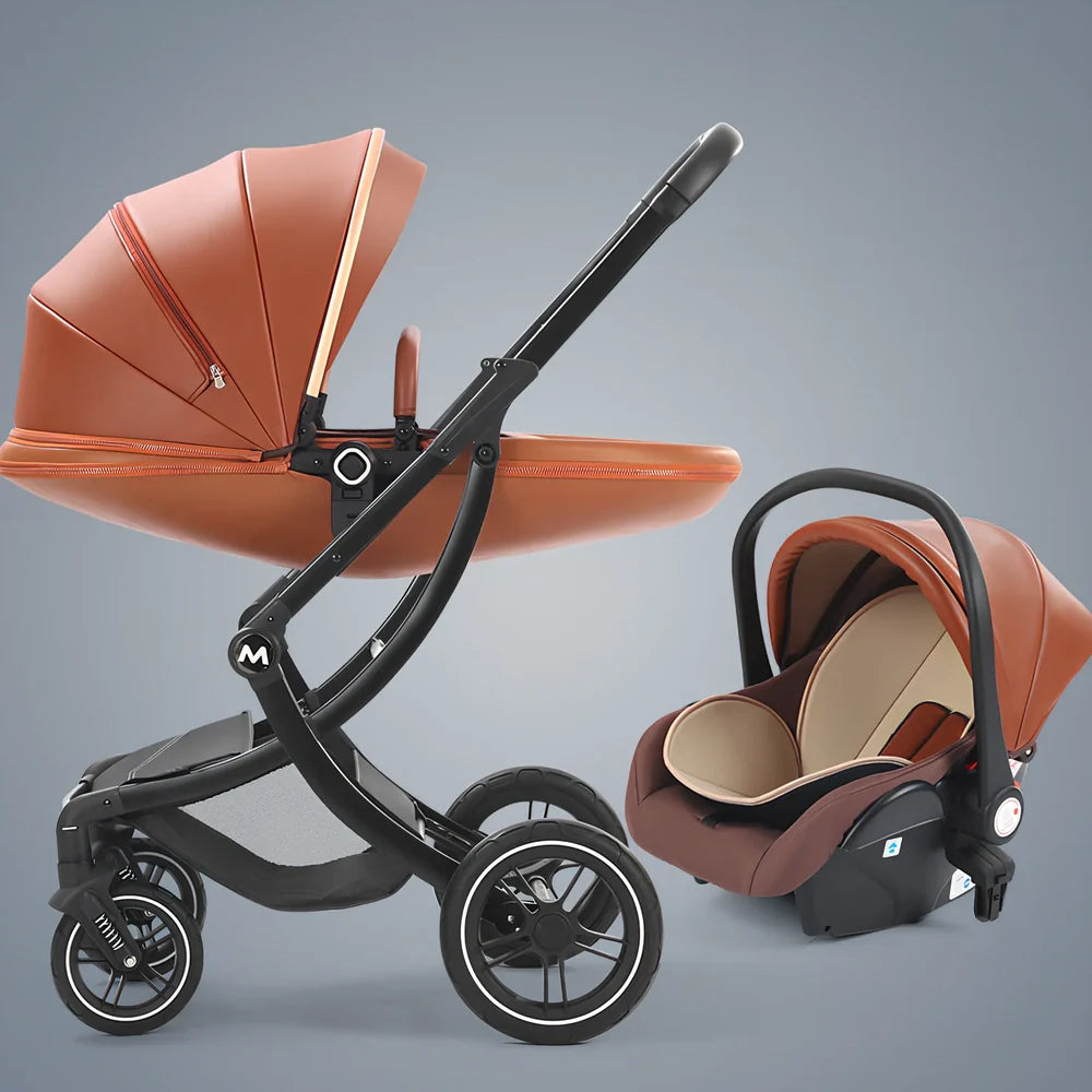 Luxury baby stroller with car seat showing aluminium frame and storage basket in Caesar Brown colour