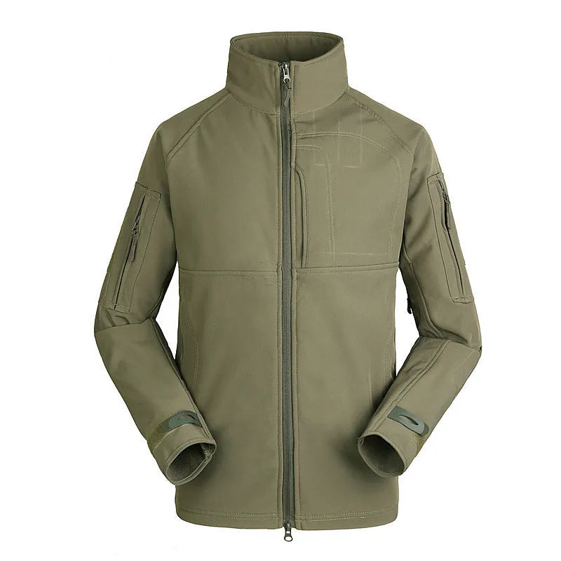 Men's thin commander stand collar outdoor jacket in green camouflage, shown unzipped.