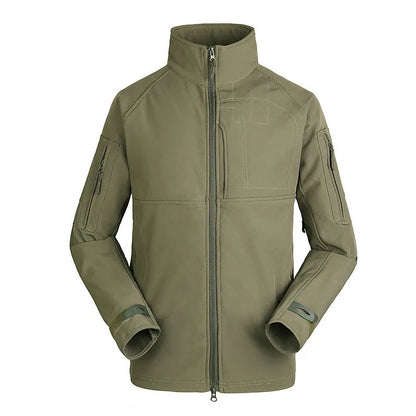 Men's thin commander stand collar outdoor jacket in green camouflage, shown unzipped.