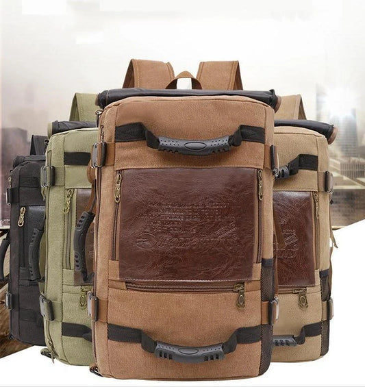 Men's durable canvas backpack with multiple pockets for travel and school