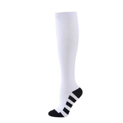 Athletic compression socks with three-bar design in black, pink, and white