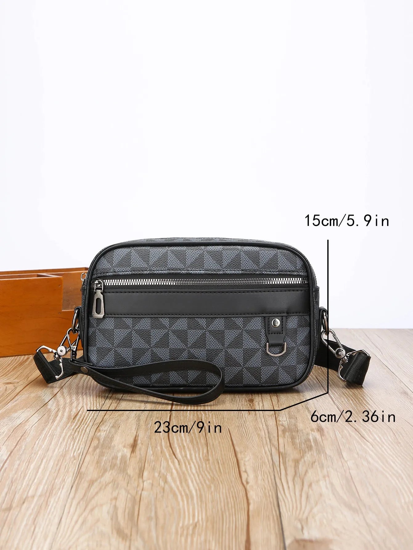 Men's black geometric pattern PU leather messenger bag with handheld horizontal design