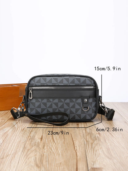 Men's black geometric pattern PU leather messenger bag with handheld horizontal design