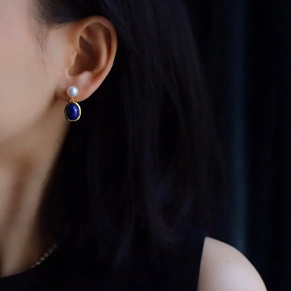 Natural lapis lazuli pearl earrings with 925 sterling silver and etched auspicious patterns