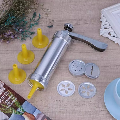Stainless steel cookie press gun with multiple discs for baking and icing