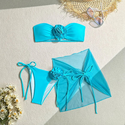 Women's pink tube top swimsuit with three-dimensional flower tie, matching pants and skirt for swimming