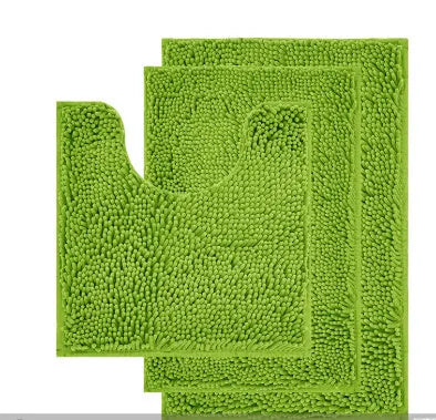Chenille three-piece bathroom carpet set with U-shaped toilet mat, TPR backing, in green colour variations