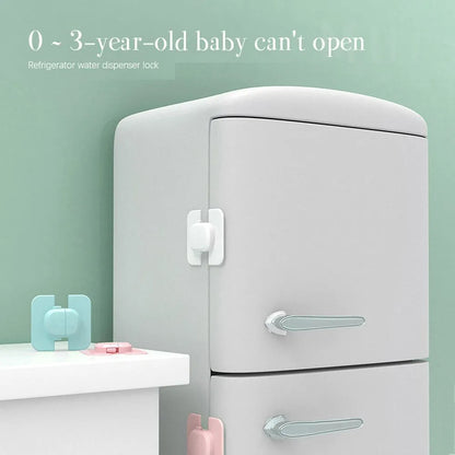 Grey adjustable child safety lock strap with 3M adhesive, shown securing a cabinet door.