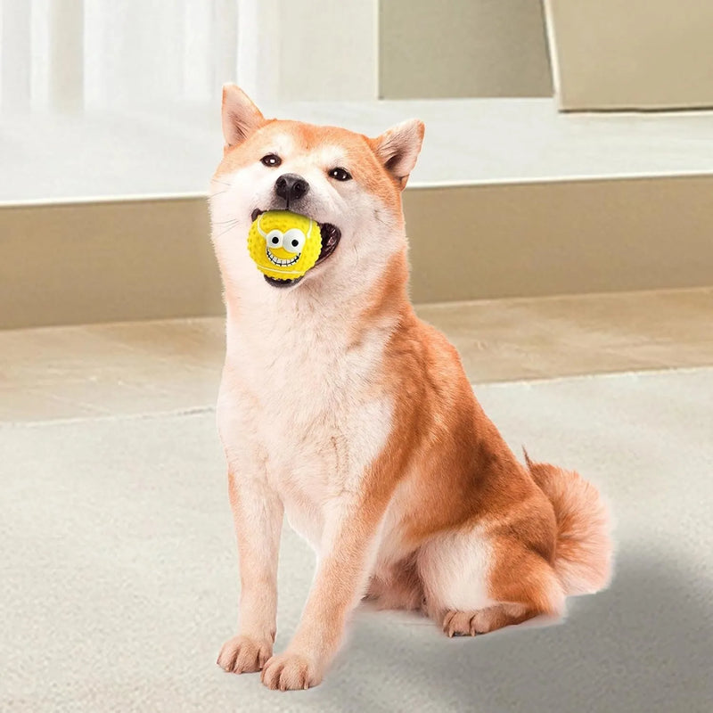 Dog latex face balls squeaky chew toy with smile design and bouncy texture suitable for small medium dogs cats kittens, made from durable reusable latex rubber for safe biting and interactive play
