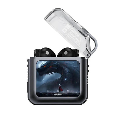 Grey and white Bluetooth headsets with colour display screens and in-ear design
