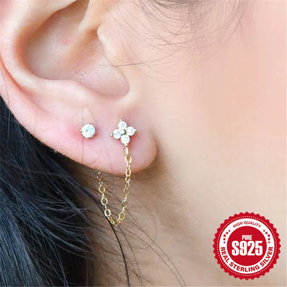 S925 sterling silver geometric ear clip stud earrings with flower and tassel elements in golden colour