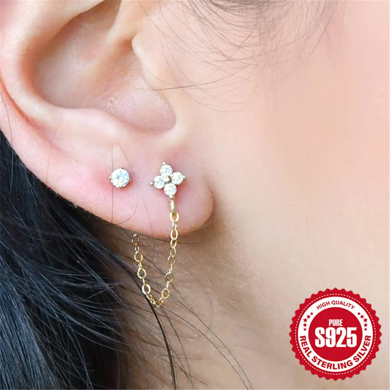 S925 Sterling Silver Diamond Flower Tassel Chain Earring Ear Clip Stud Earrings: Electroplated geometric design with flower and tassel elements, available in two golden colour options and quantity choices of 1 or 2 pieces.