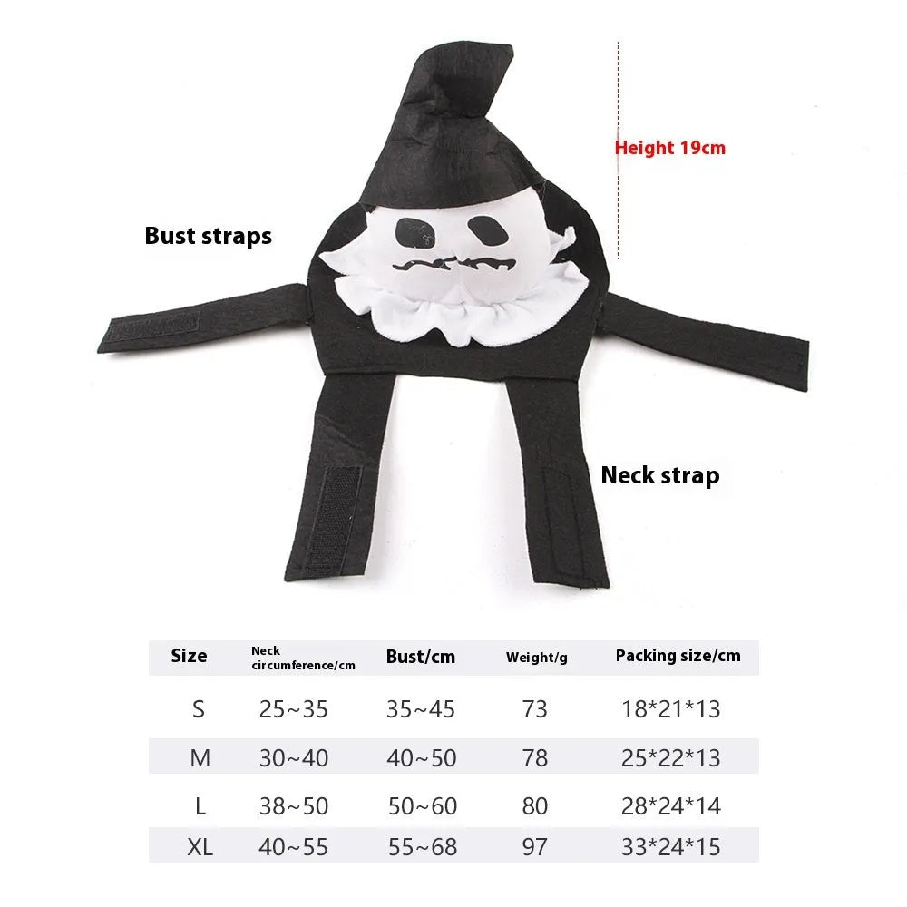 Dog wearing Halloween costume in ghost or pumpkin ghost design made from PP cotton
