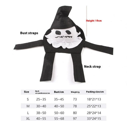Dog wearing Halloween costume in ghost or pumpkin ghost design made from PP cotton