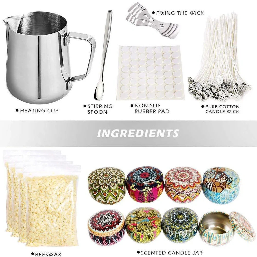 DIY candle making kit with metal pouring pot, beeswax blocks, and scented jars for Christmas candles