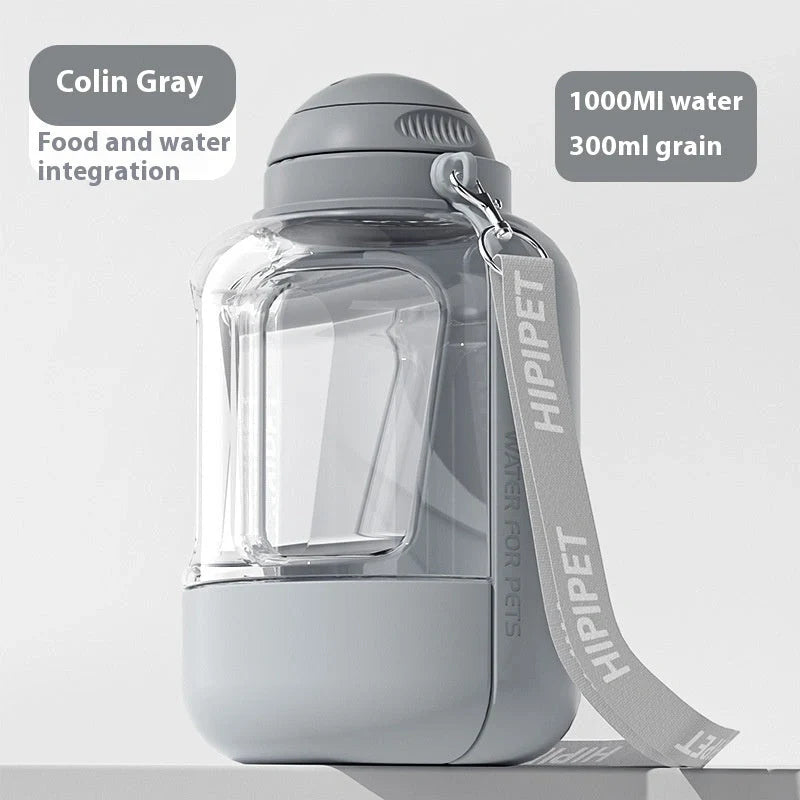 Portable 2-in-1 dog and cat water bowl with food container, available in white, yellow, and grey colors