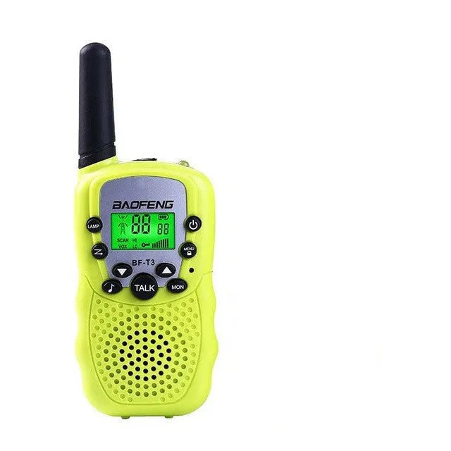 Two children's handheld walkie talkies in bright colours showing channel selector and antenna.