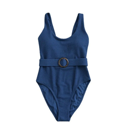 Navy blue women's one-piece swimsuit with triangle top and built-in chest pads for swimming